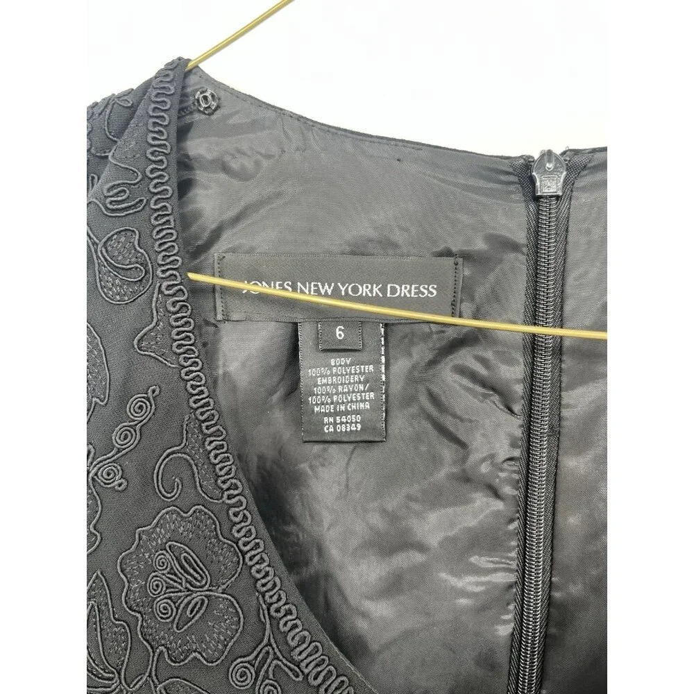 Jones New York Women's Sheath Dress Black Sleeveless V-Neck Embroidery Size‎ 6